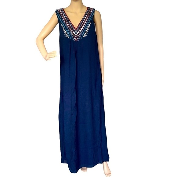 WESTPORT Women's Navy Blue Sleeveless Maxi Shift Dress Embellishes Sequins Sz L - Picture 1 of 12